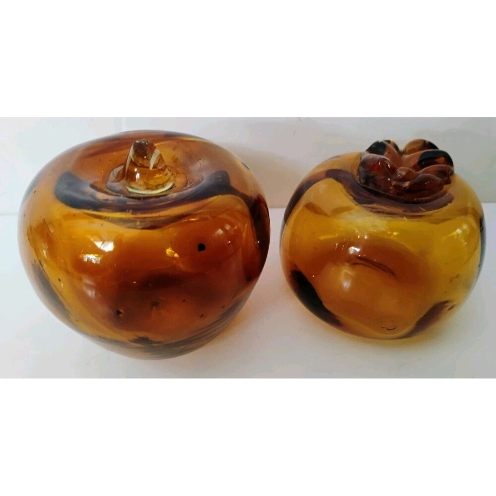 Vintage Amber Art Glass Fruit Apple Pomegranate Figurines Pair As Is Damaged